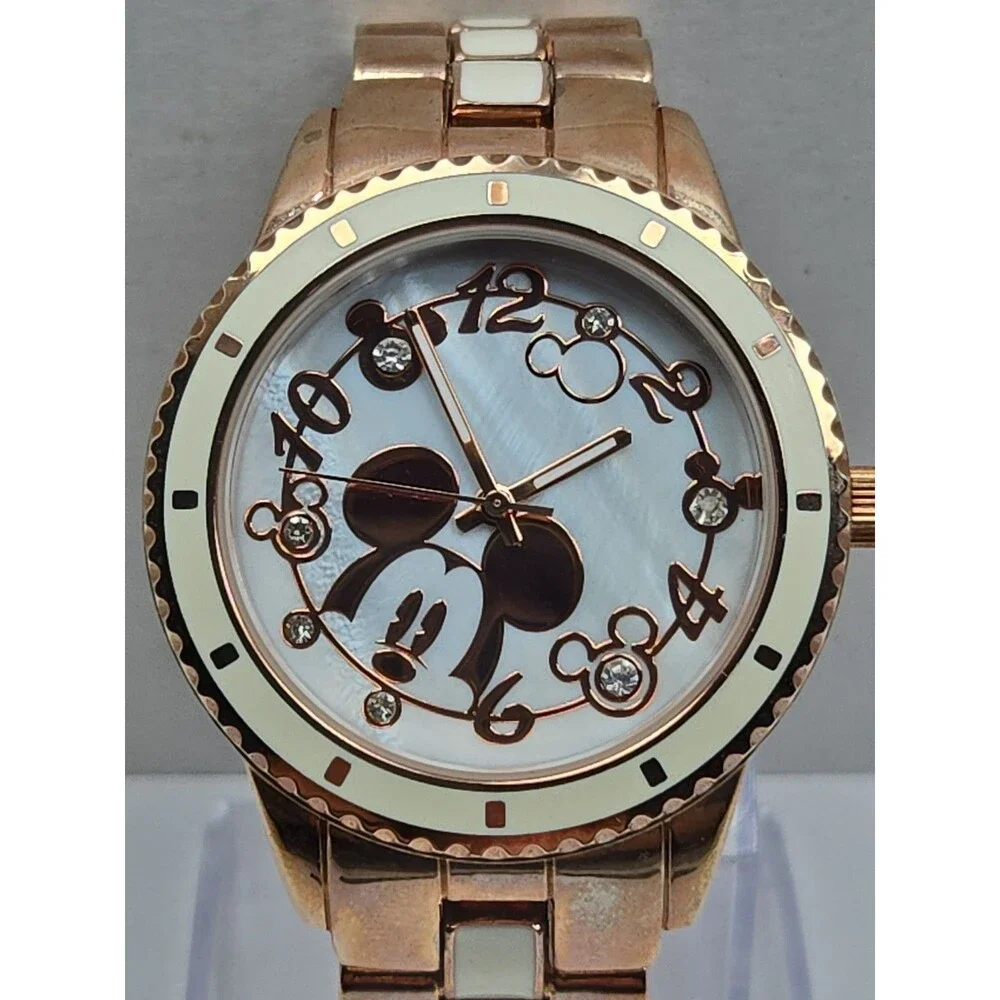 Womens Disney Mickey Mouse Quartz Rose Gold White Crystal Watch New Battery